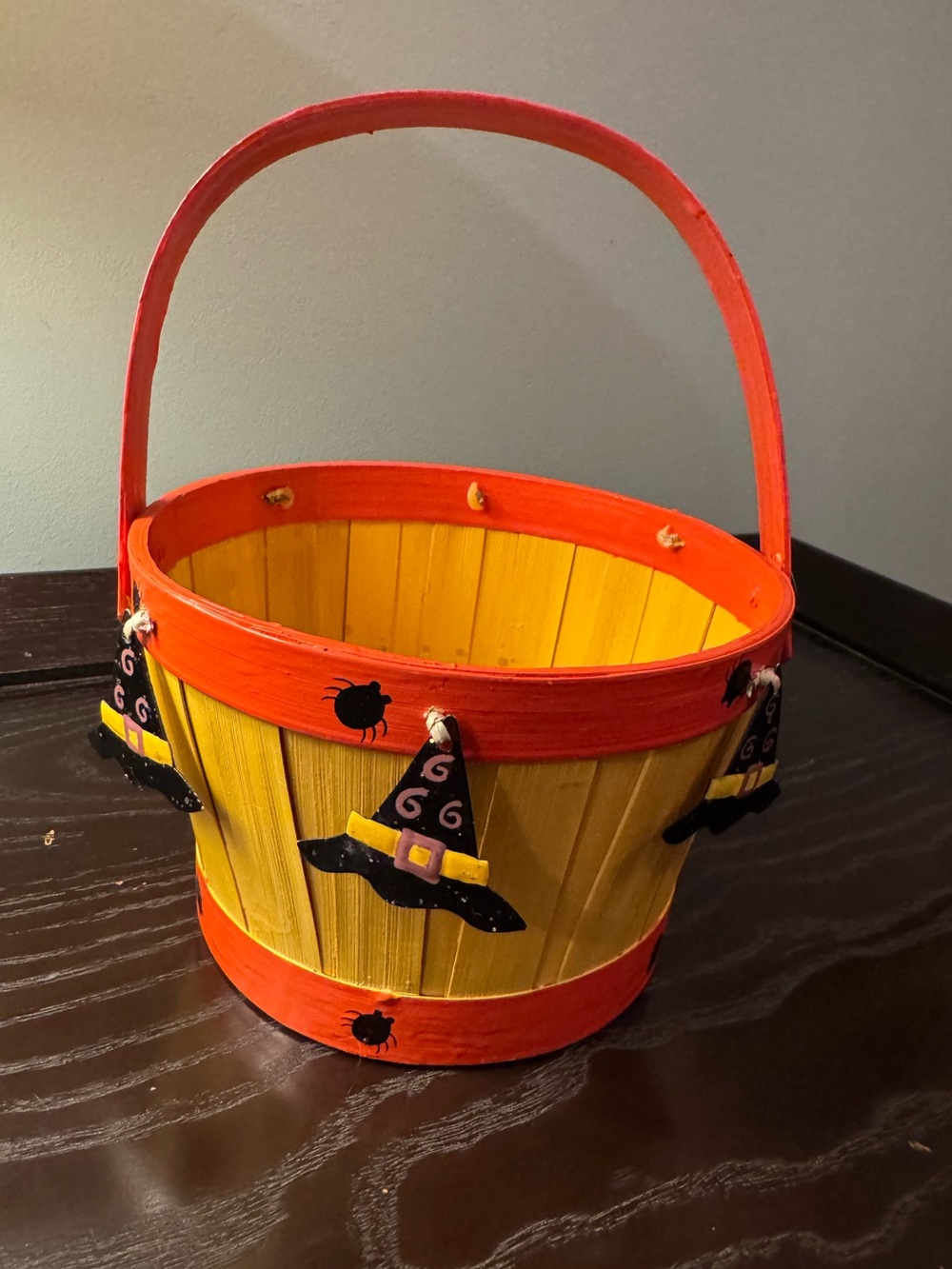 Halloween Basket Yellow & Orange with Witch Hat Embellishments and Black Spiders